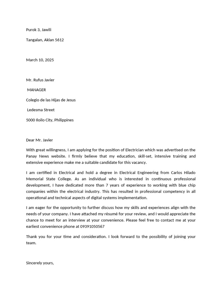 Electrician Job Application Letter | PDF