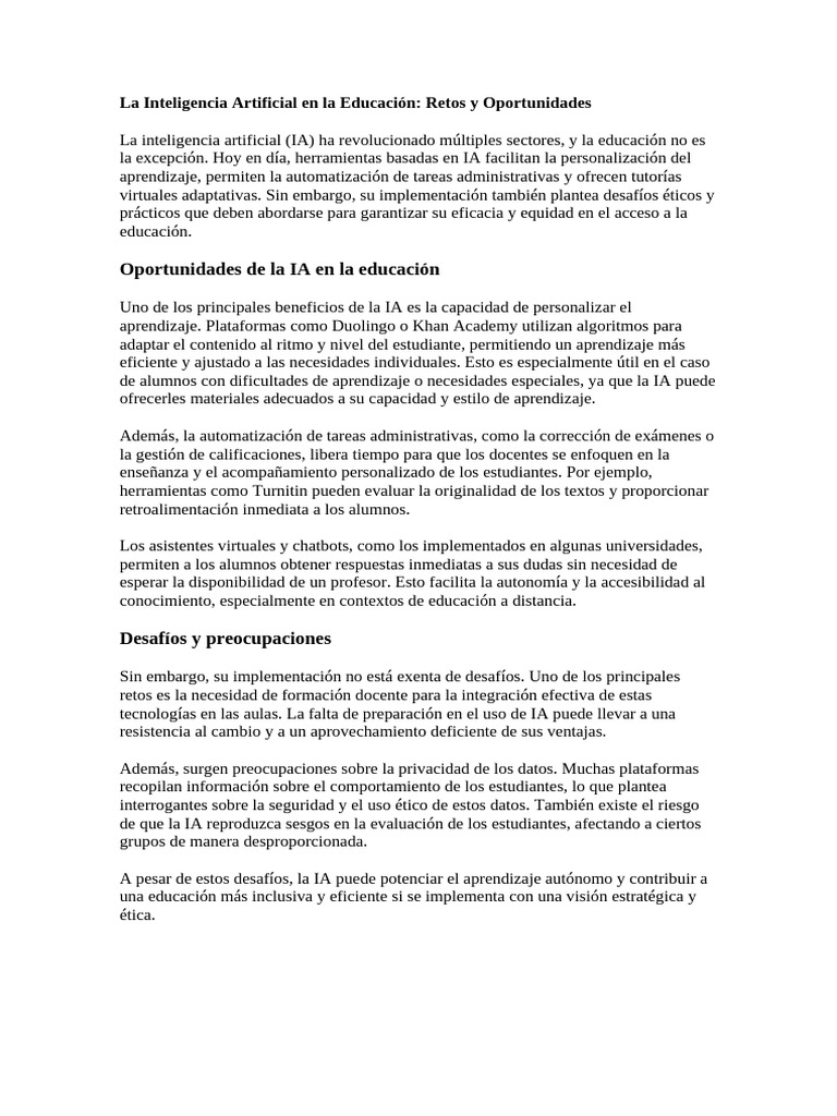 IA en Educación: Retos y Oportunidades | PDF | Inteligencia artificial ...