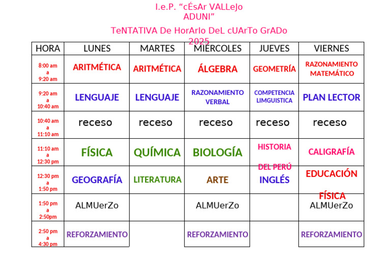 Horario Tentativo Cuarto Grado 2025 | PDF