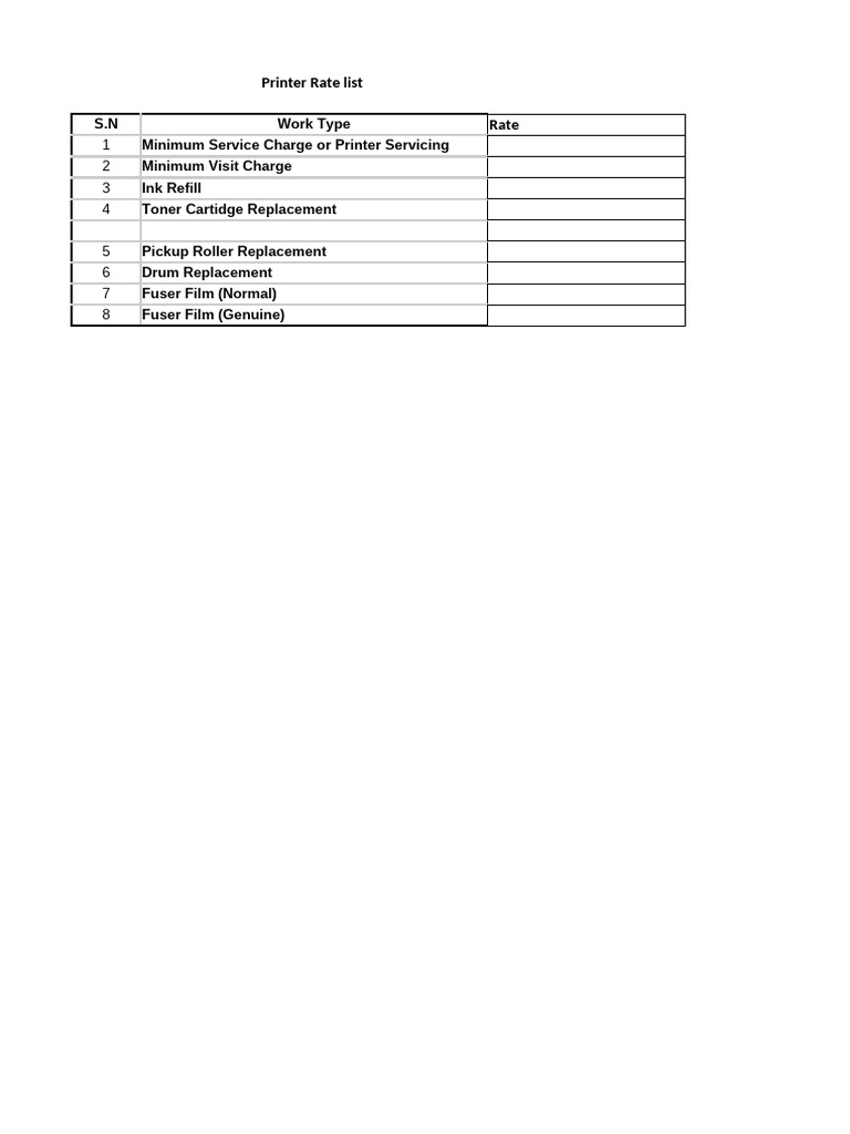 Printer Rate List Format | PDF