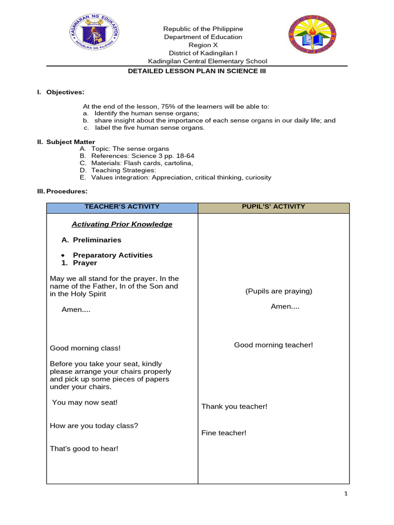 Detailed Lesson Plan: Human Sense Organs | PDF | Senses | Taste