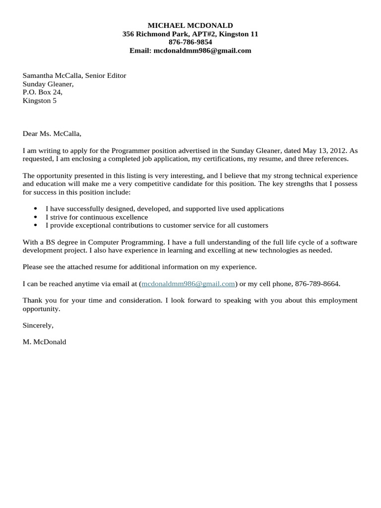 Programmer Job Application Letter | PDF