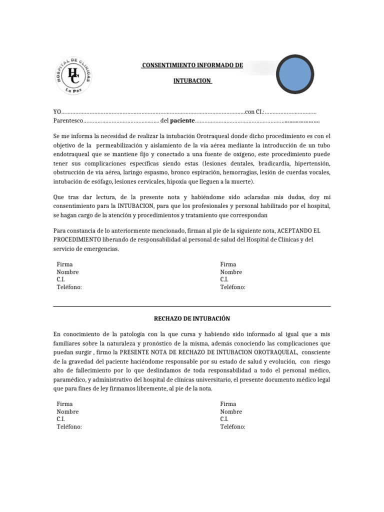 Consentimiento para Intubación Orotraqueal | PDF | Consentimiento ...