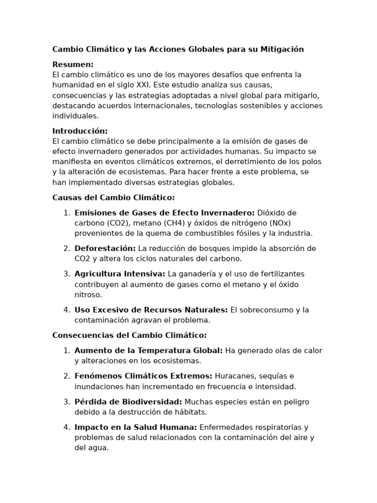 Cambio Climático y Las Acciones Globales para Su Mitigación | PDF ...