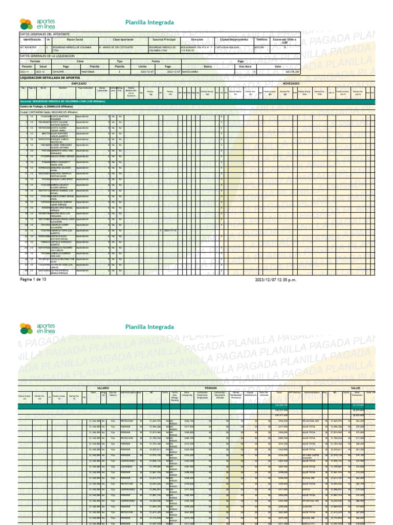 Planilla Integrada Noviembre 23 | PDF | Sector privado | Finanzas ...