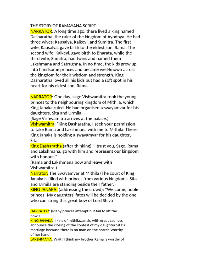 The Story of Ramayana Script | PDF | Sita | Rama