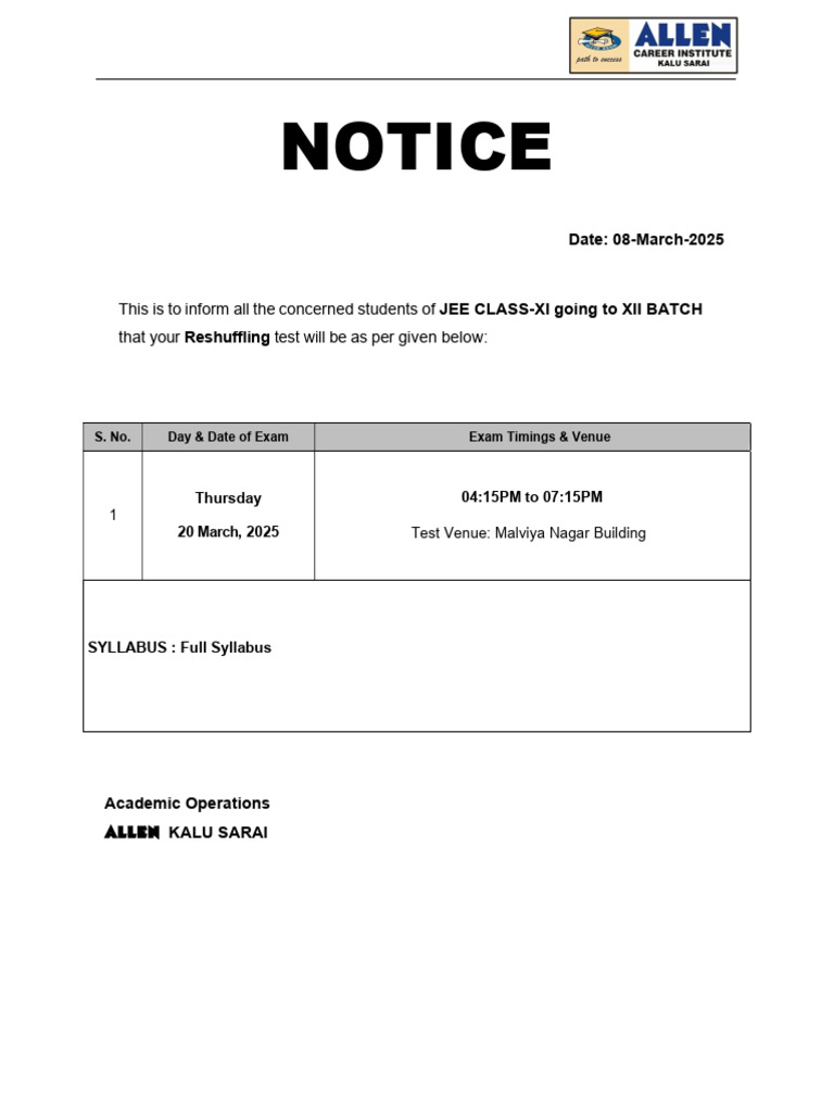 JEE Class-XI to XII Reshuffling Test Notice | PDF
