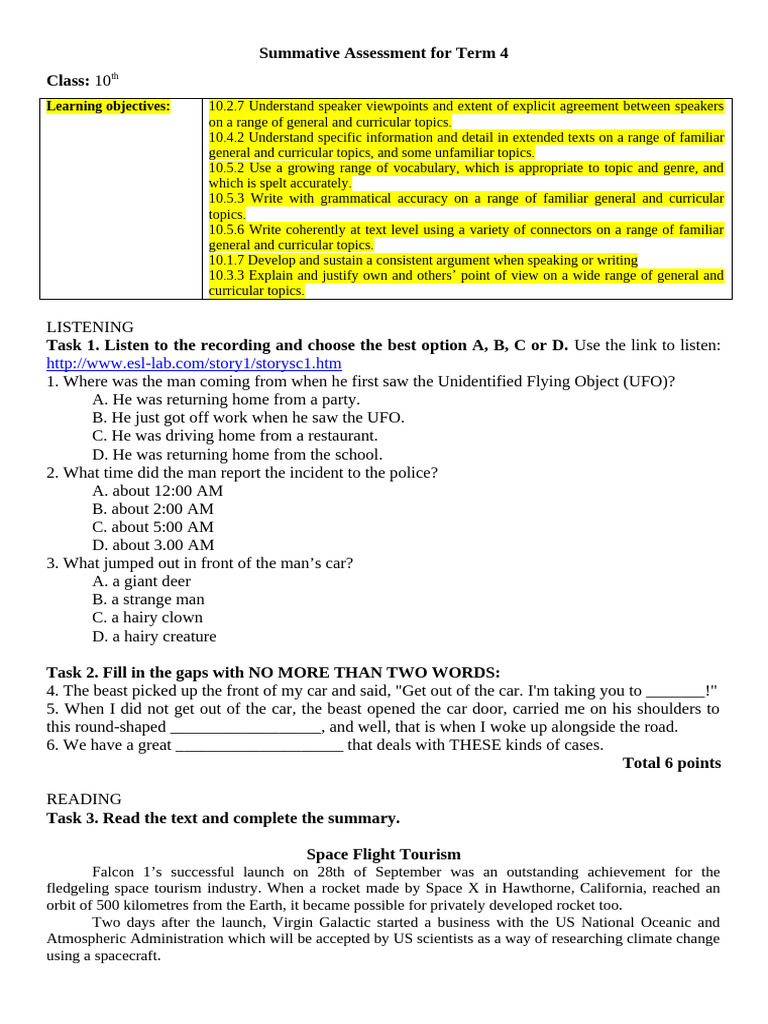 Summative Assessment For Term 4 Class:: Learning Objectives | PDF ...