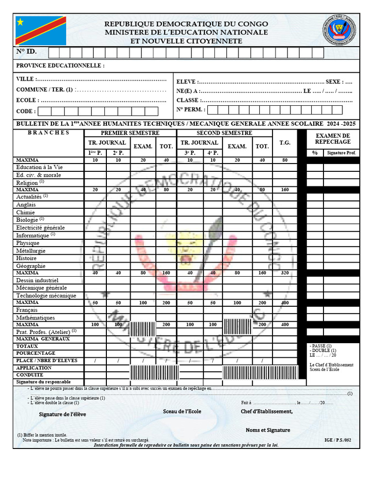 Bulletin Scolaire RDC 2024-2025 | PDF | Sciences physiques