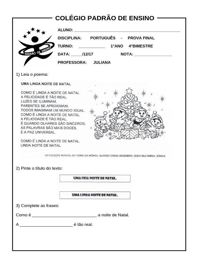 Prova Final de Portugues 1 Ano 2018 | PDF