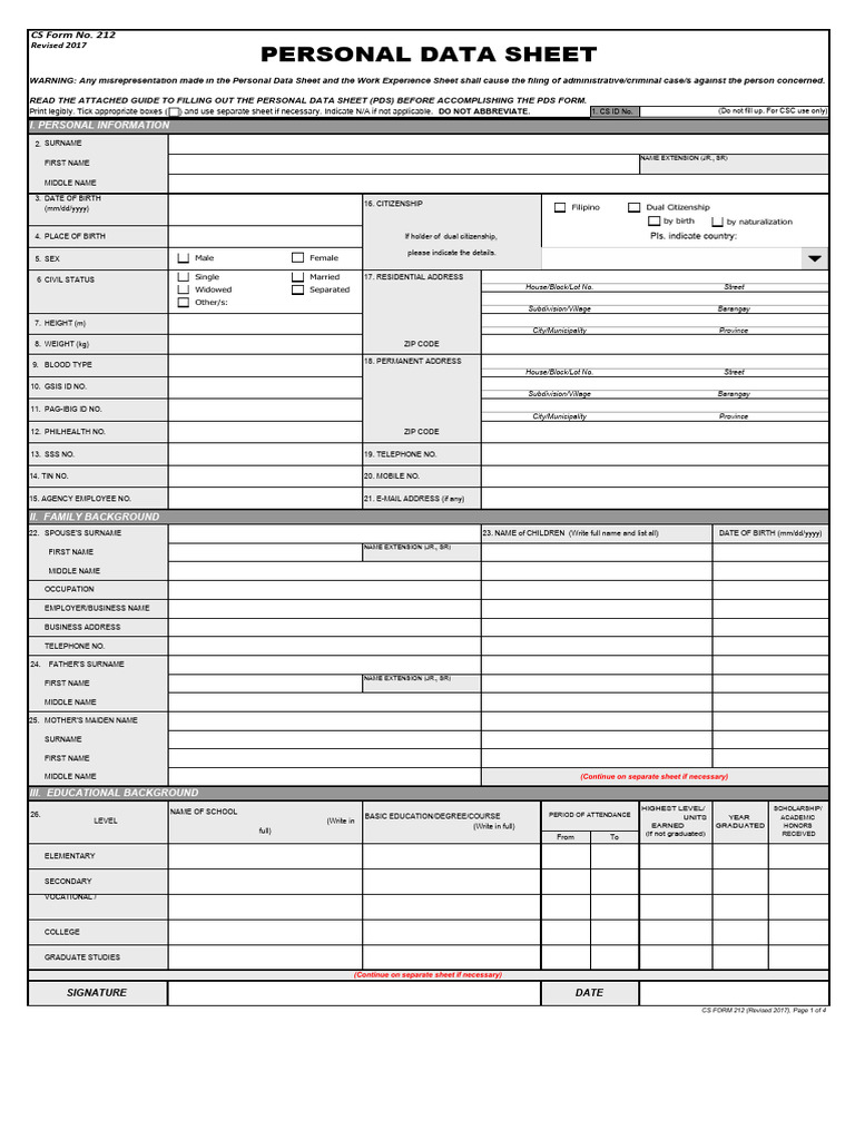 Personal Data Sheet (PDS) Template | PDF | Government