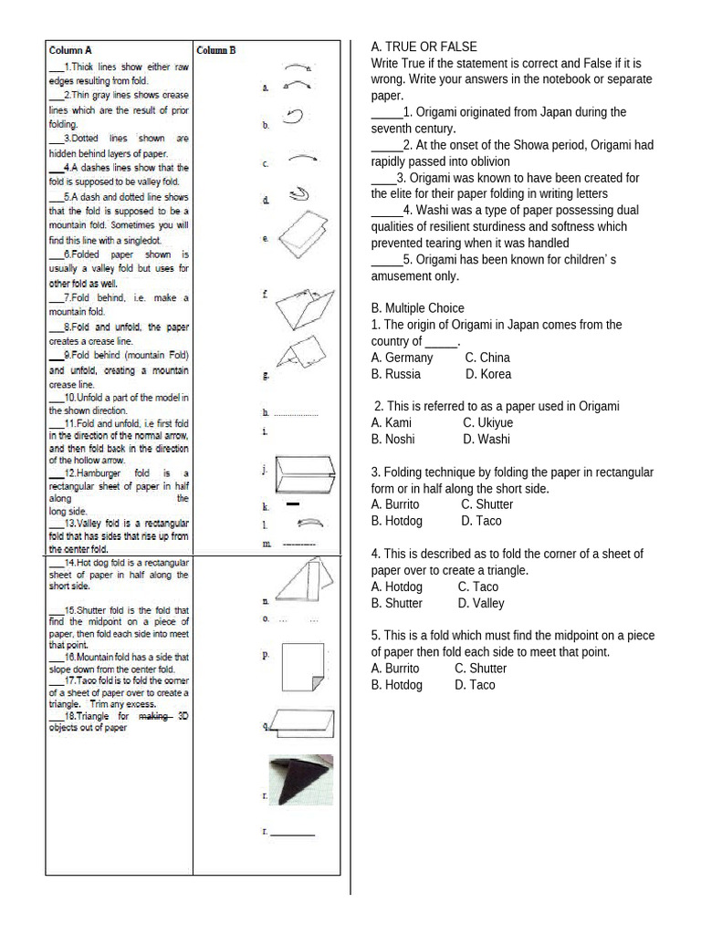 Origami Quiz: True/False & Multiple Choice | PDF