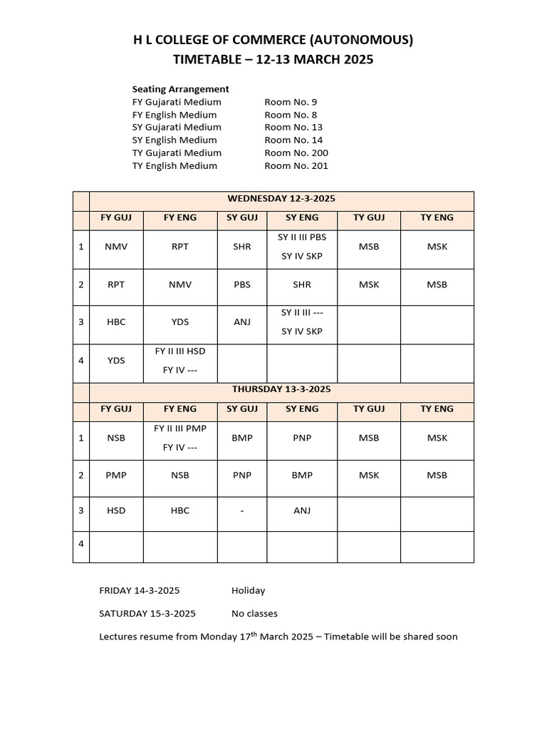 H L College Timetable March 2025 | PDF