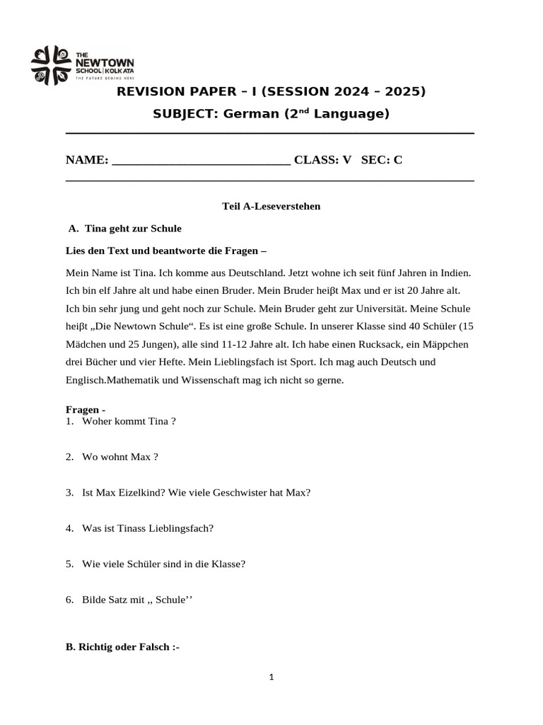 Revision Paper 3 - Class 5 - German 2 ND Lang | PDF