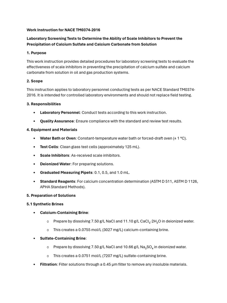 NACE TM0374-2016 Scale Inhibitor Tests | PDF | Purified Water | Materials