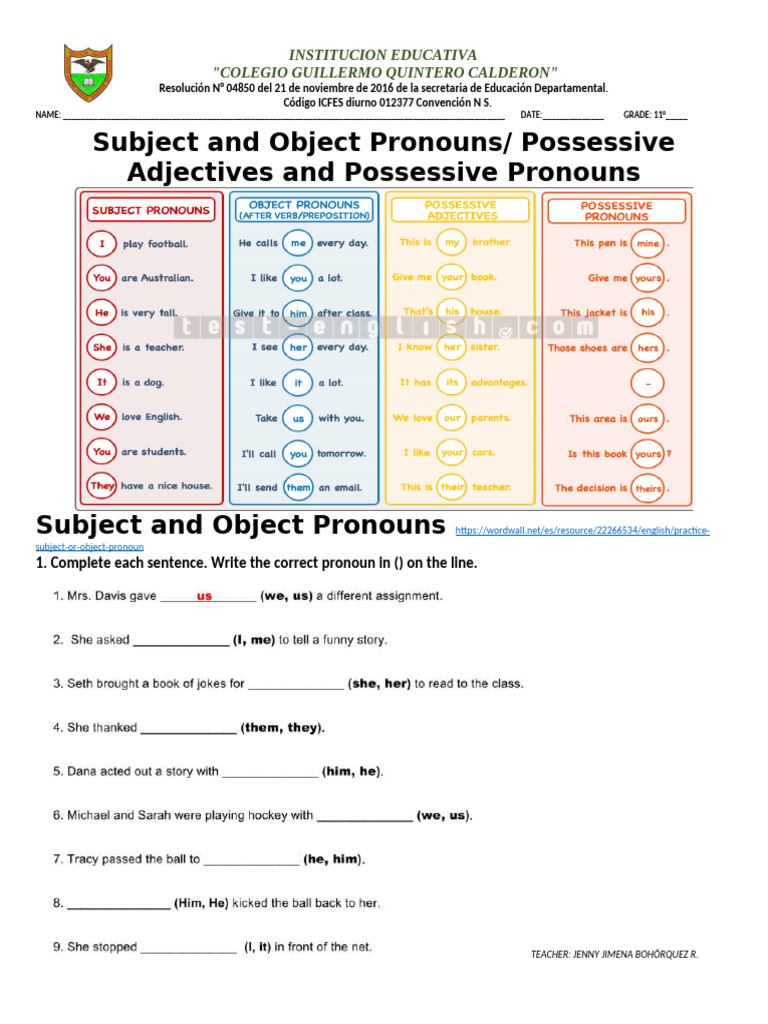 Pronouns and Possessives Worksheet | PDF | Language Mechanics ...
