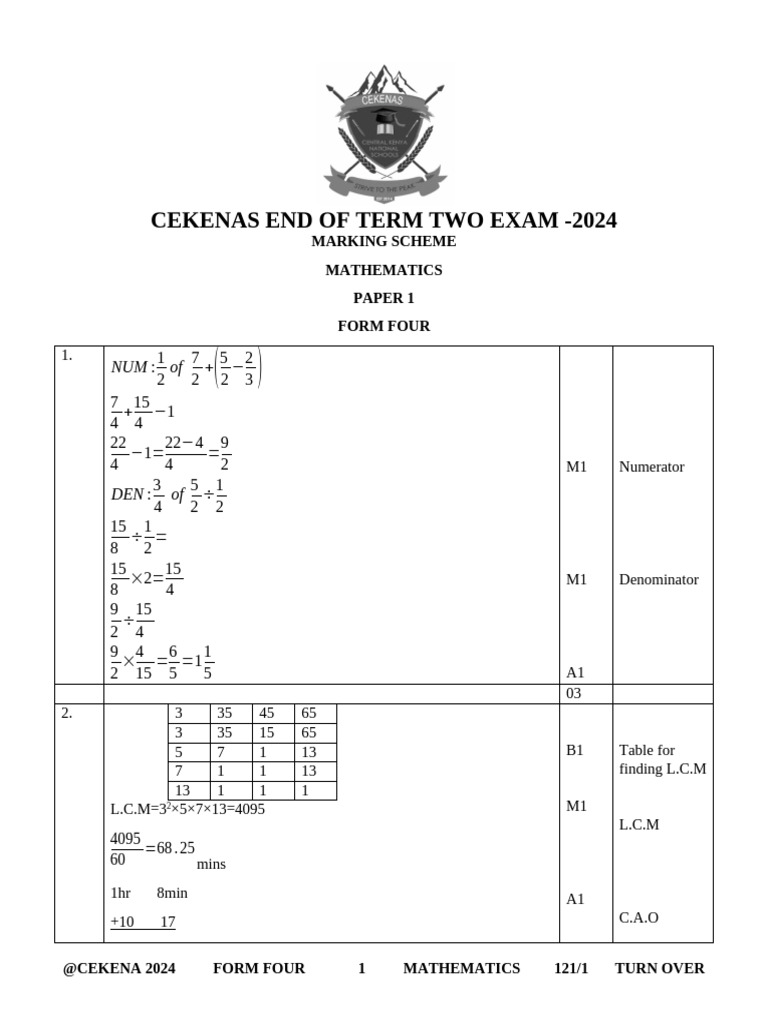 Homa Bay County Math Exam Marking Scheme | PDF | Algebra | Mathematics