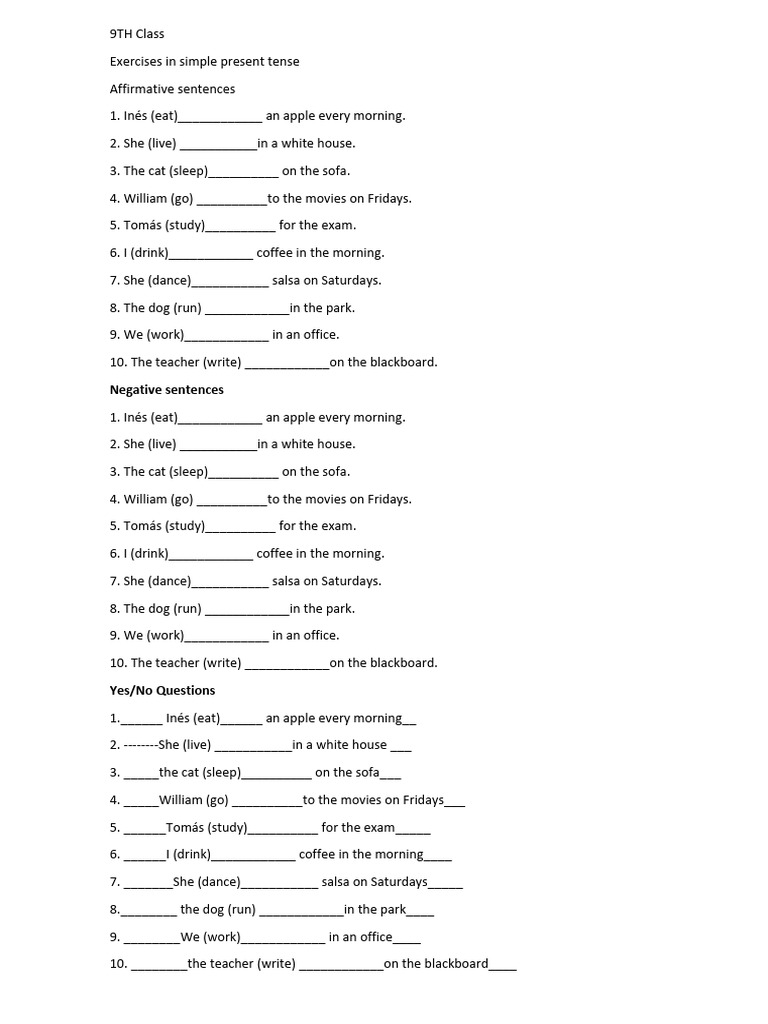 9th Grade Simple Present Exercises Pdf