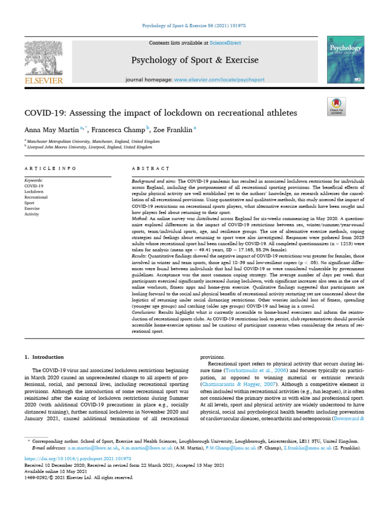 COVID 19 Assessing The Impact of Lockdown On Recreational Athletes ...