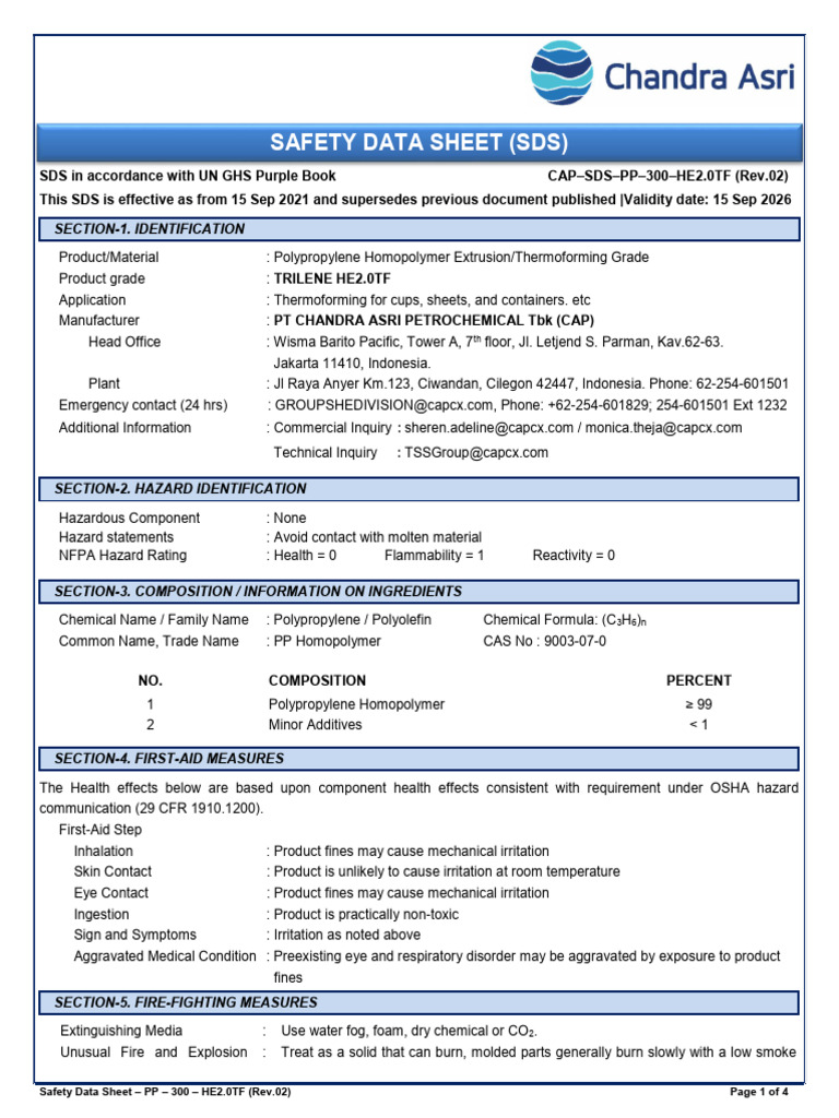 Safety Data Sheet for PP Homopolymer | PDF | Chemistry | Workplace