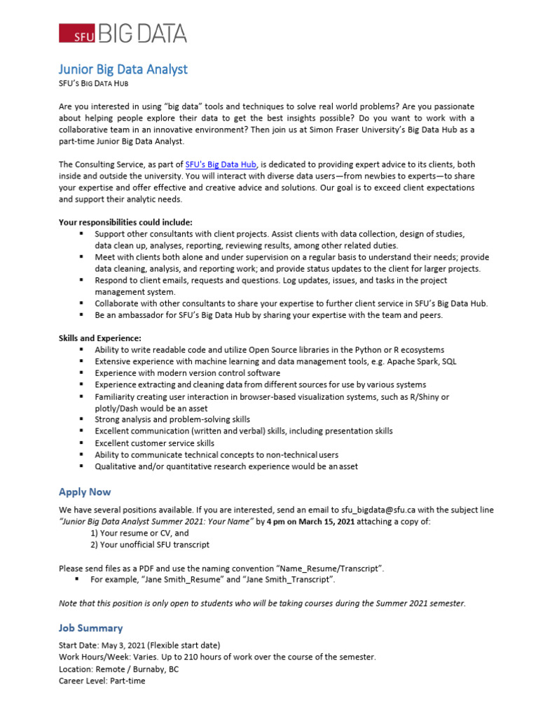 Junior Big Data Analyst Position at SFU | PDF | Big Data | Data