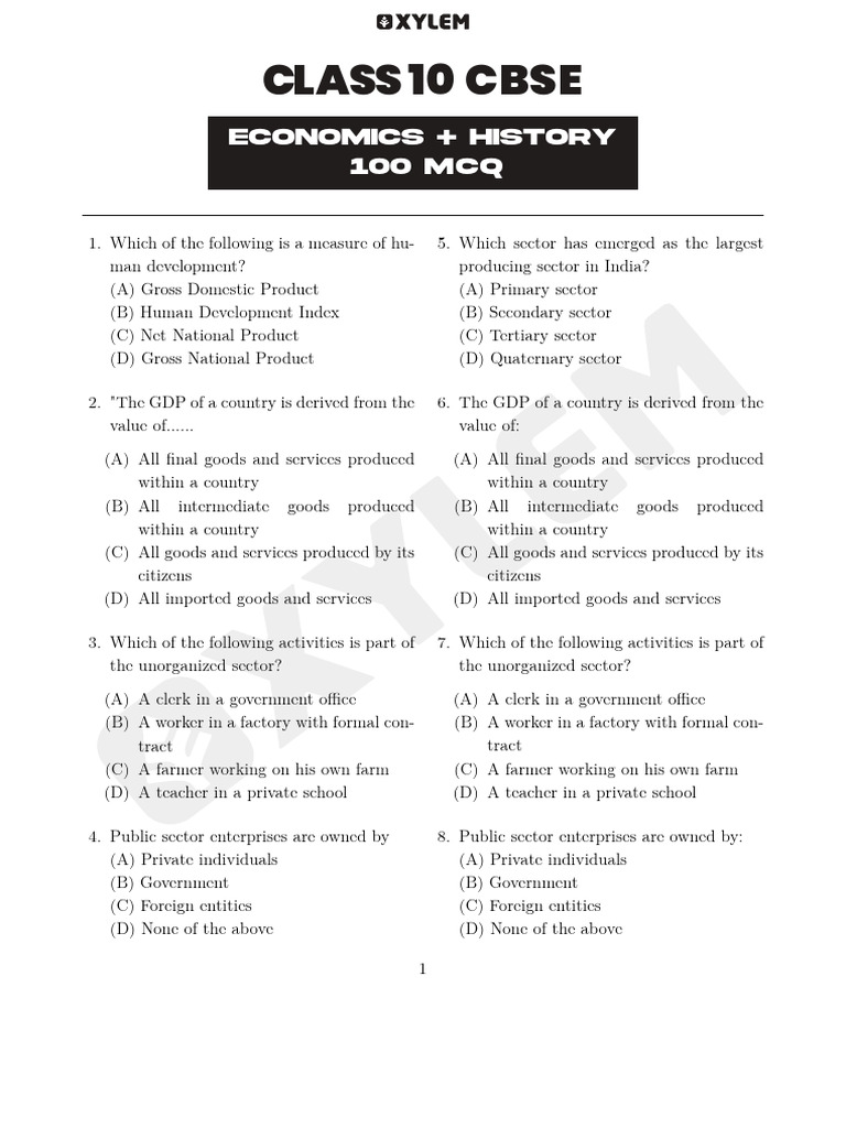 CBSE Class 10 Economics & History MCQs | PDF | Gross Domestic Product ...