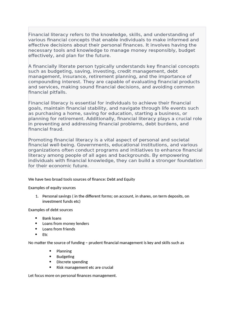 Financial Literacy Refers To The Knowledge | PDF