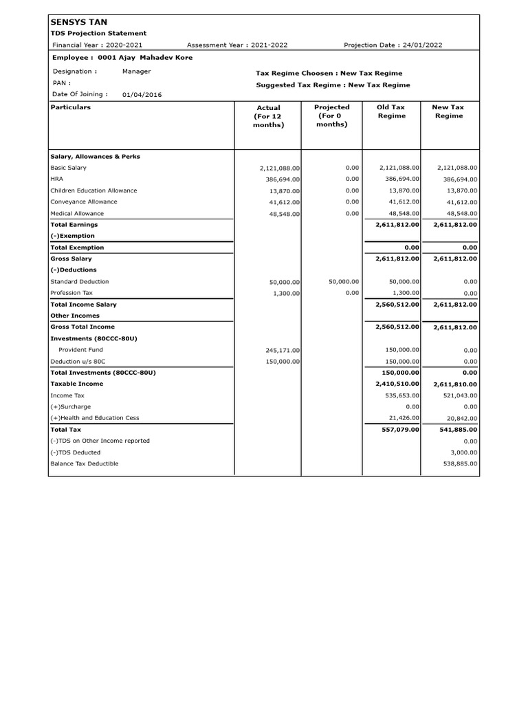 TDS Projection Statement FY 2020-21 | PDF | Tax Deduction | Salary