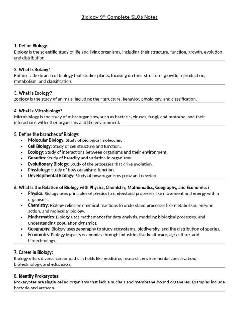 Biology 9th Complete SLOs Notes | PDF | Cell (Biology) | Biology