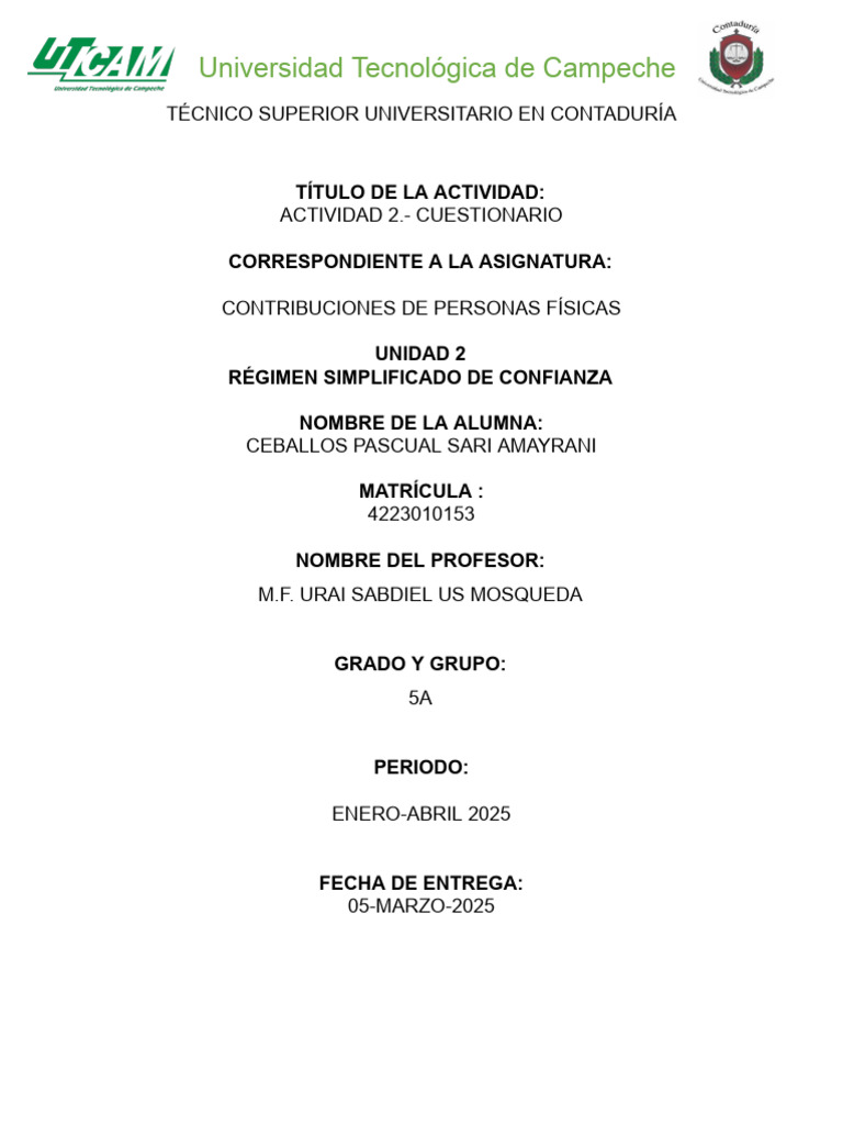 Actividad 2 Cuestionario Unidad 2 | PDF | Impuesto sobre la renta ...