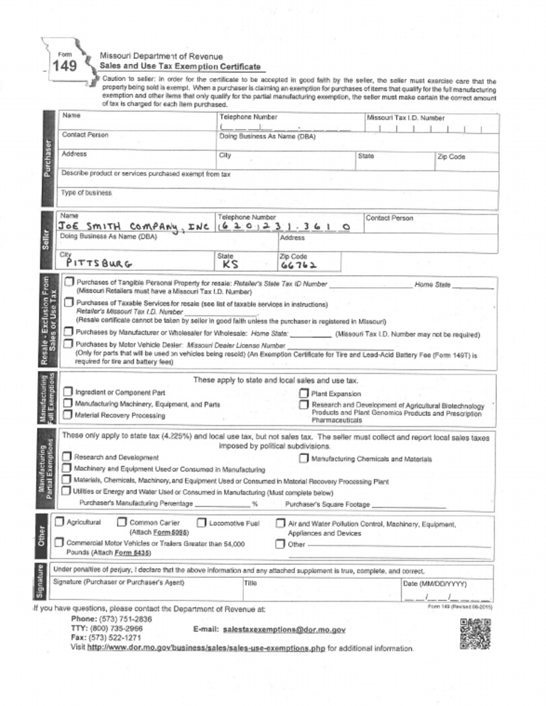 MO Sales Tax Exemption Certificate | PDF