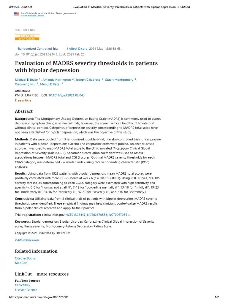 Evaluation of MADRS Severity Thresholds in Patients With Bipolar ...