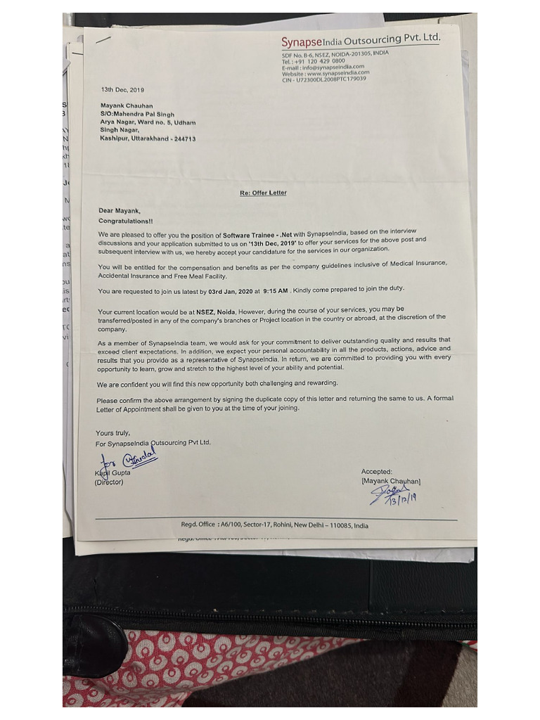 Offer Letter Synapse | PDF