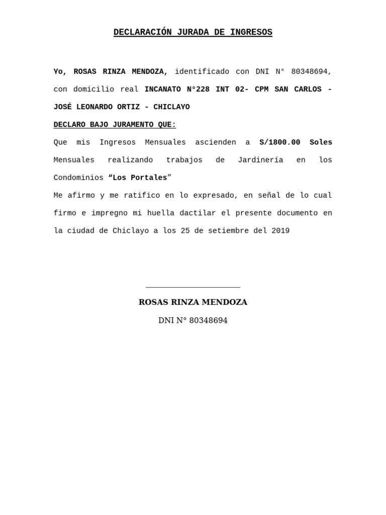 Declaración Jurada de Ingresos Mensuales | PDF