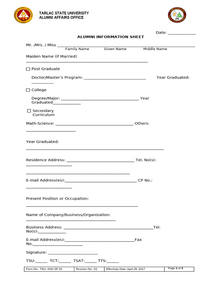 Tarlac State University Alumni Info Sheet | PDF