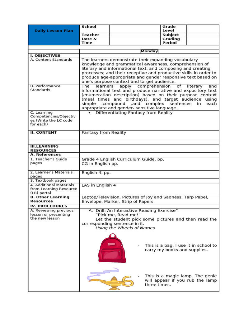 Grade 4 Lesson Plan: Reality vs. Fantasy | PDF | Learning | Human ...