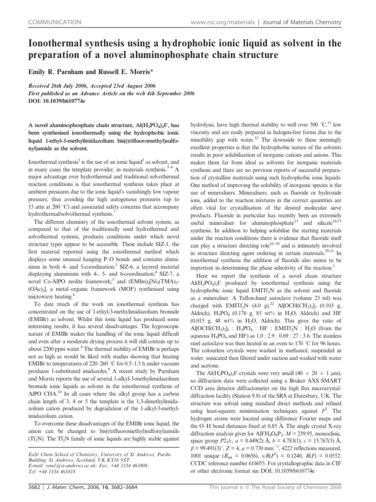 Ionothermal synthesis using a hydrophobic ionic liquid as solvent in ...