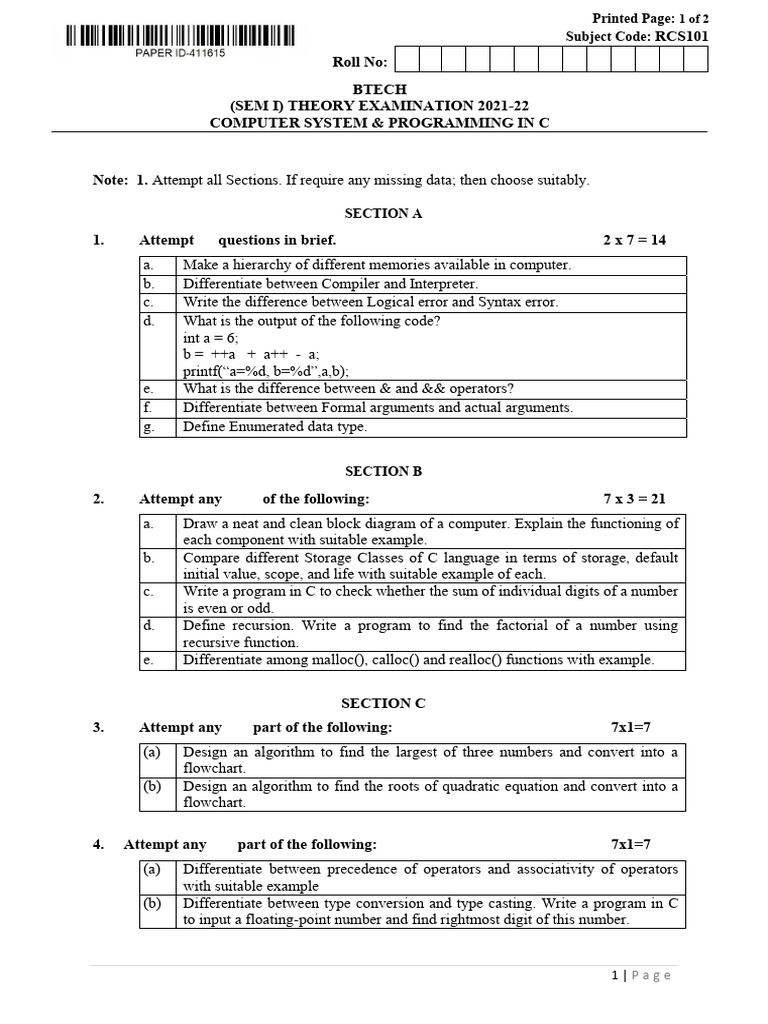 BTech C Programming Exam Questions | PDF | Parameter (Computer ...