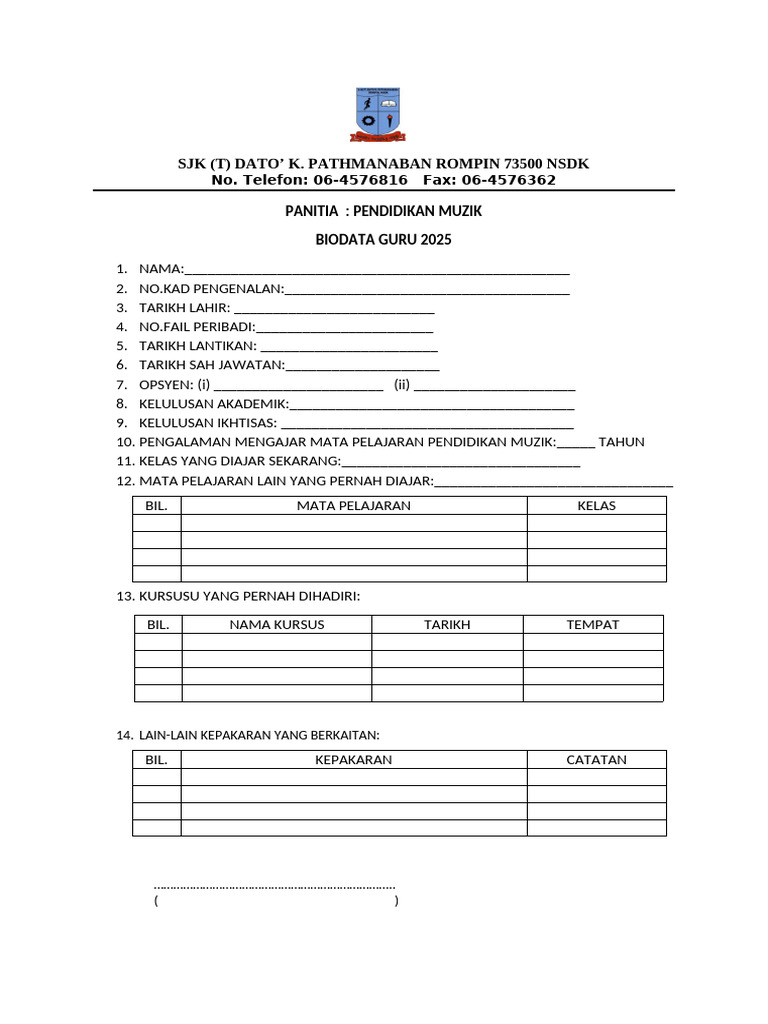 Biodata Guru Pendidikan Muzik 2025 | PDF