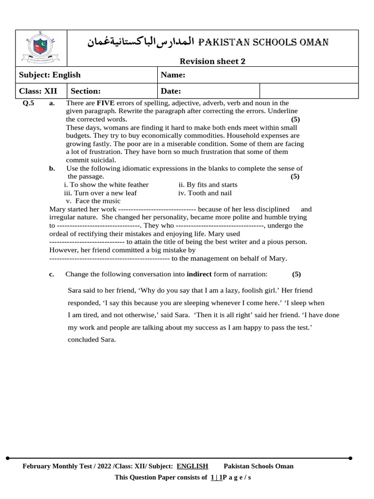XII - Revision Sheet 2 | PDF | English Language | Linguistic Morphology