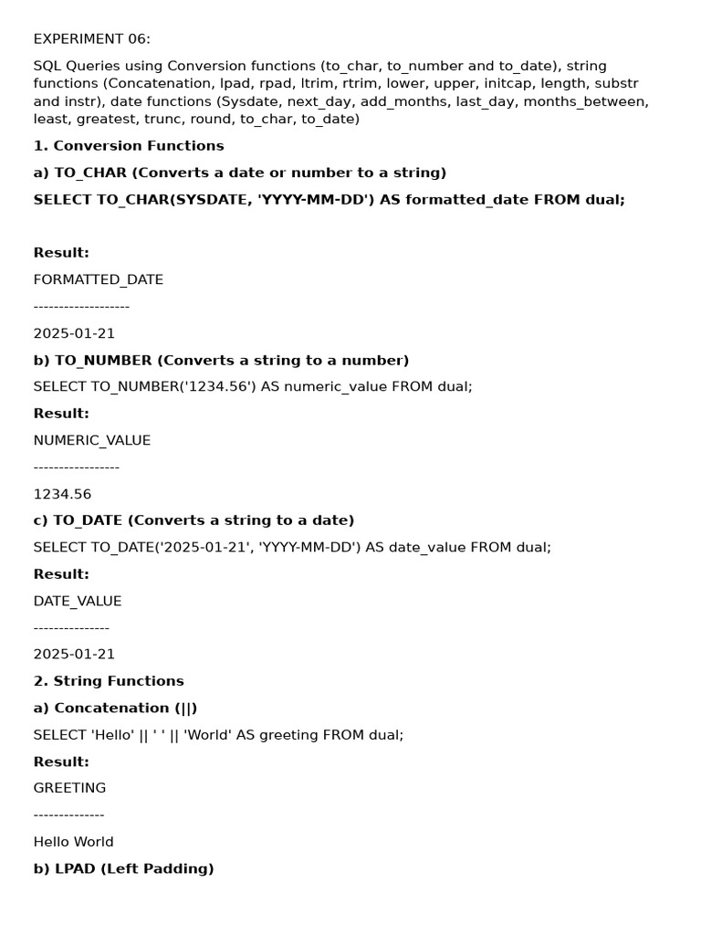 SQL Conversion Functions Explained | PDF | Letter Case | String ...