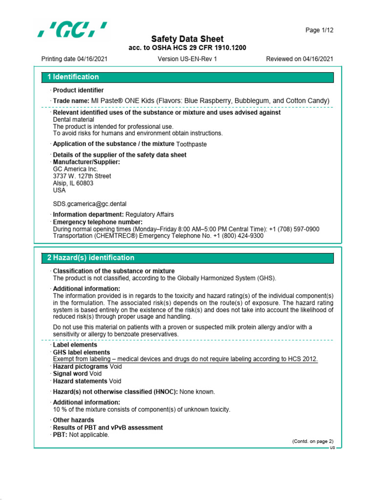 MSDS of Herbal Toothpaste | PDF | Working Conditions | Workplace