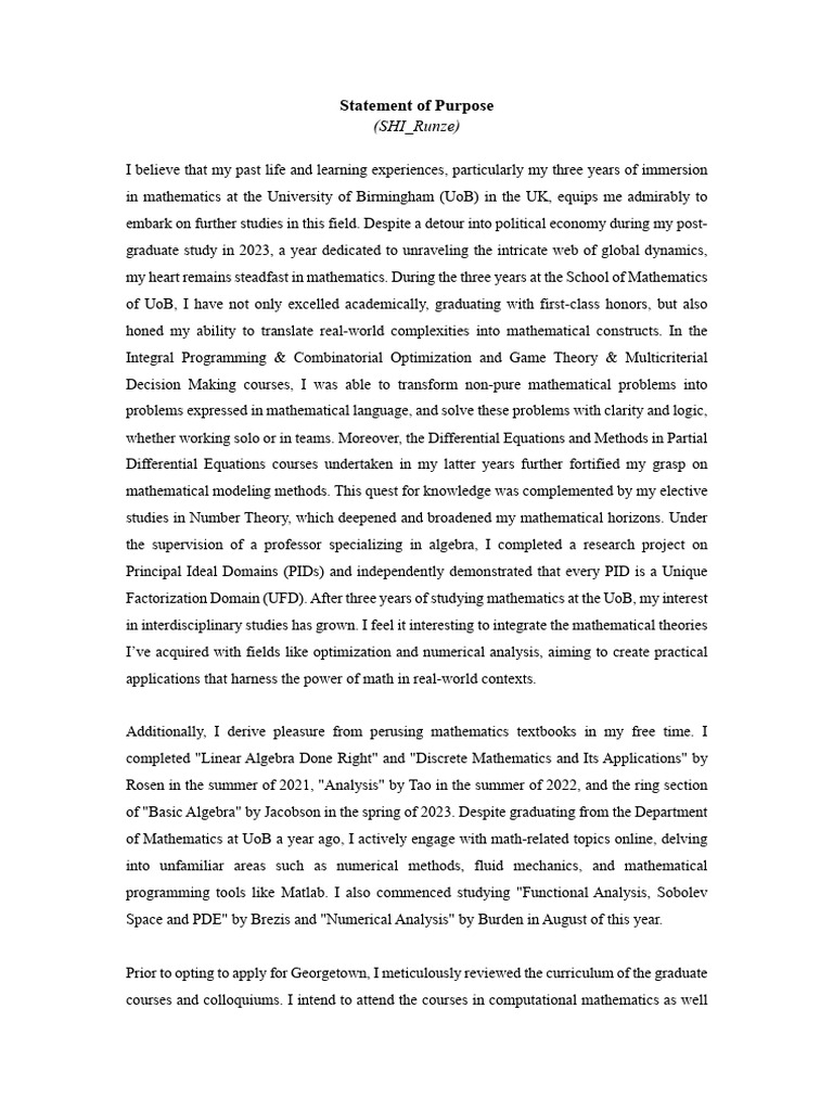 Statement of Purpose for Applied Math PhD | PDF | Mathematics ...