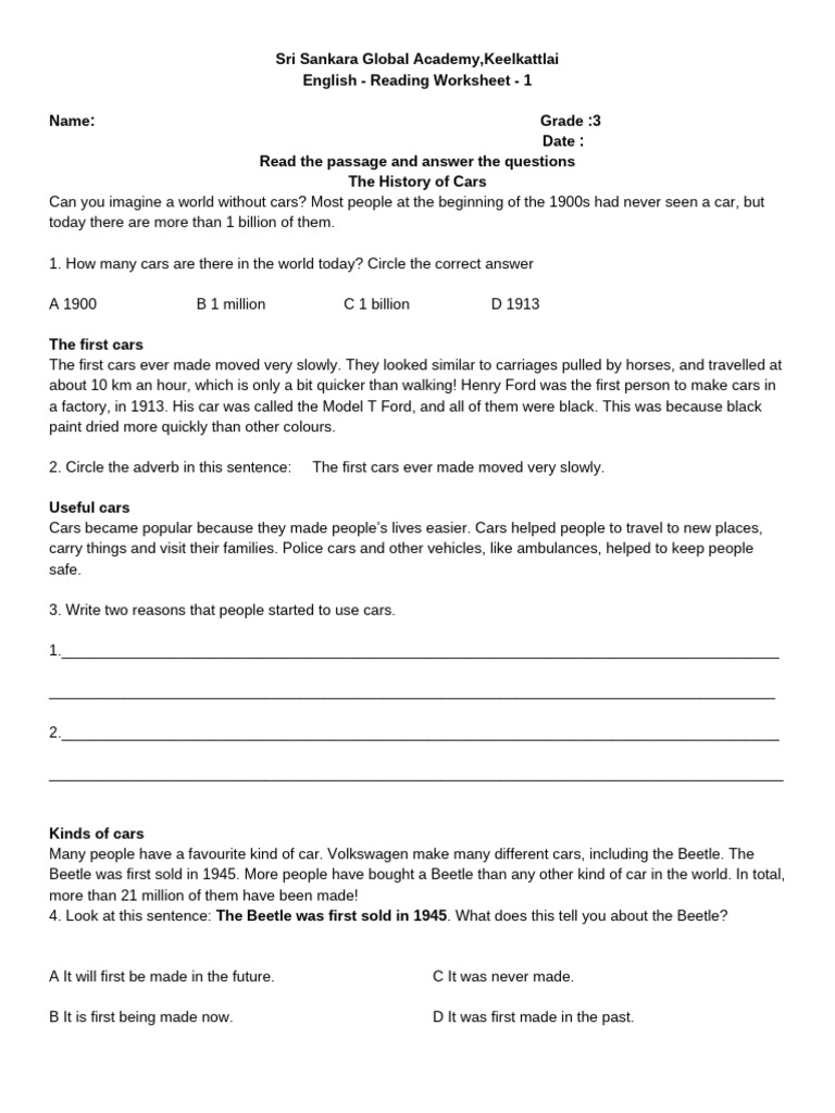 Reading Practice Worksheet Grade 3 | PDF | Car
