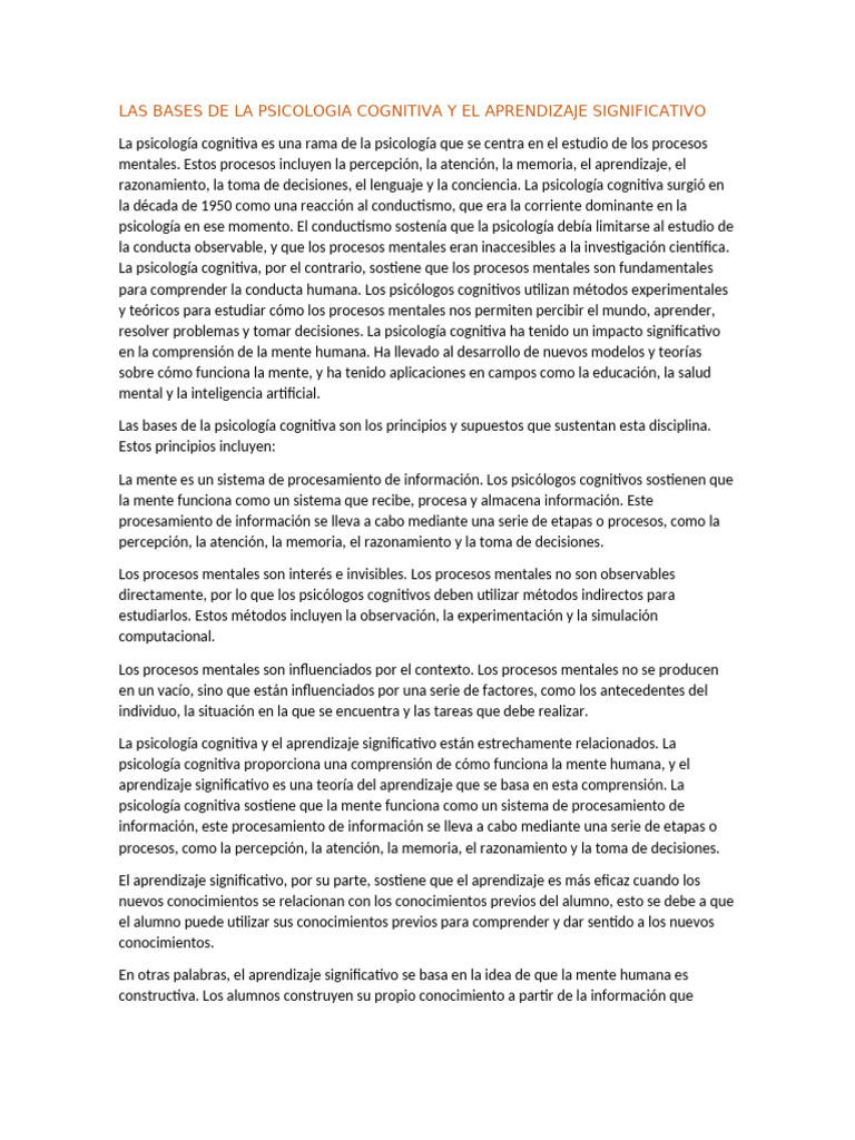 Psicología Cognitiva y Aprendizaje Significativo | PDF | Sicología ...