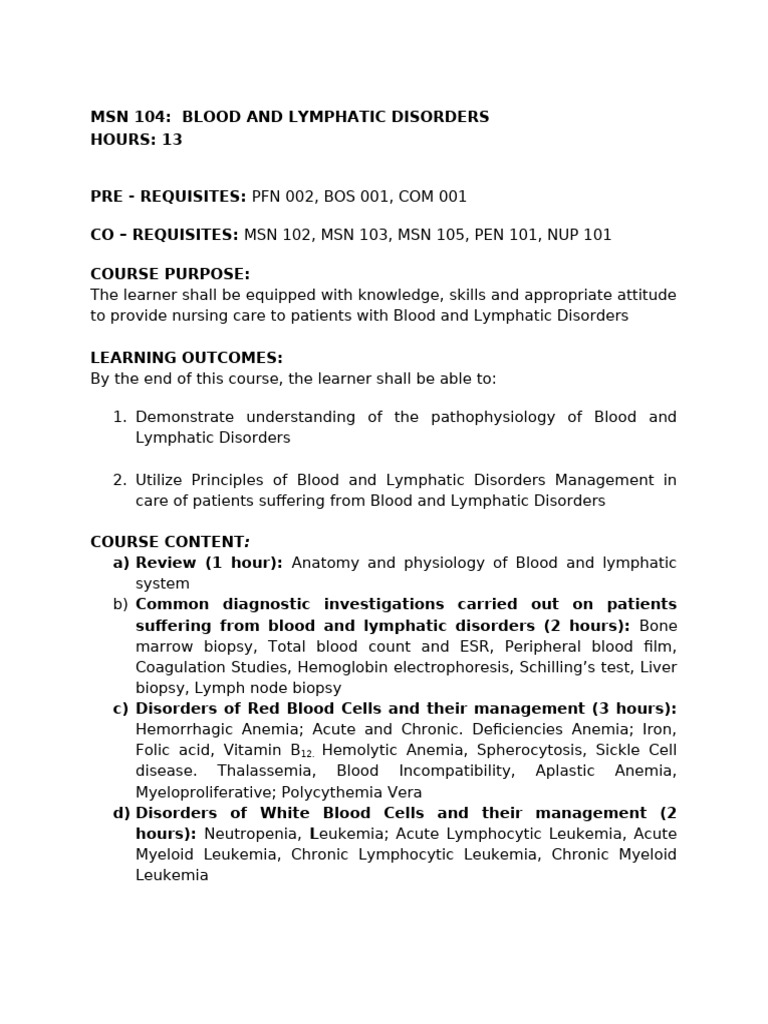 Blood and Lymphatic Disorders Course | PDF | Anemia | Lymphatic System
