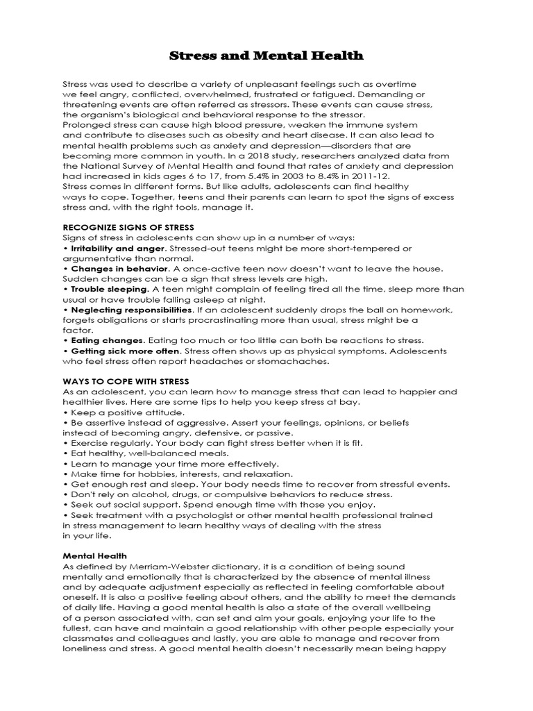 Managing Stress and Mental Health in Teens | PDF | Stress (Biology ...