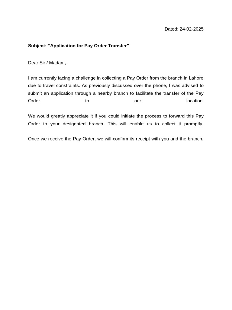 Pay Order Transfer Application Request | PDF