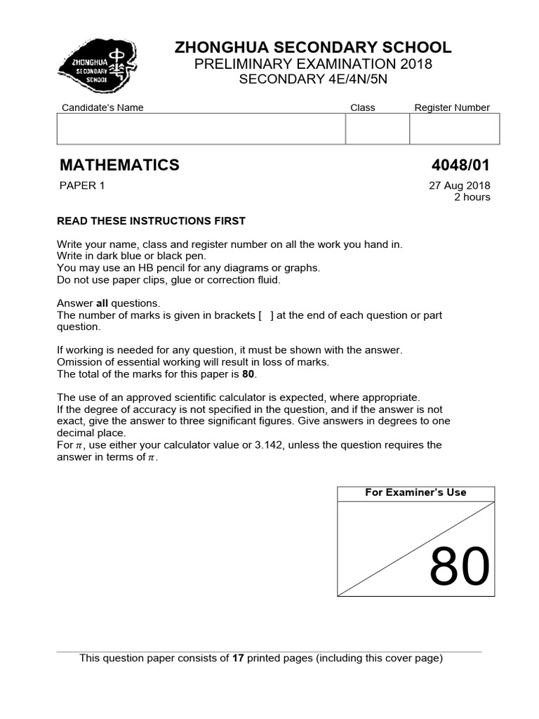 Sec 4 E Maths SA2 2018 Zhonghua | PDF | Area | Cartesian Coordinate System