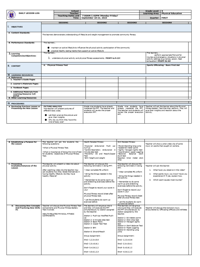 Grade 9 PE Daily Lesson Plan | PDF | Learning | Teachers